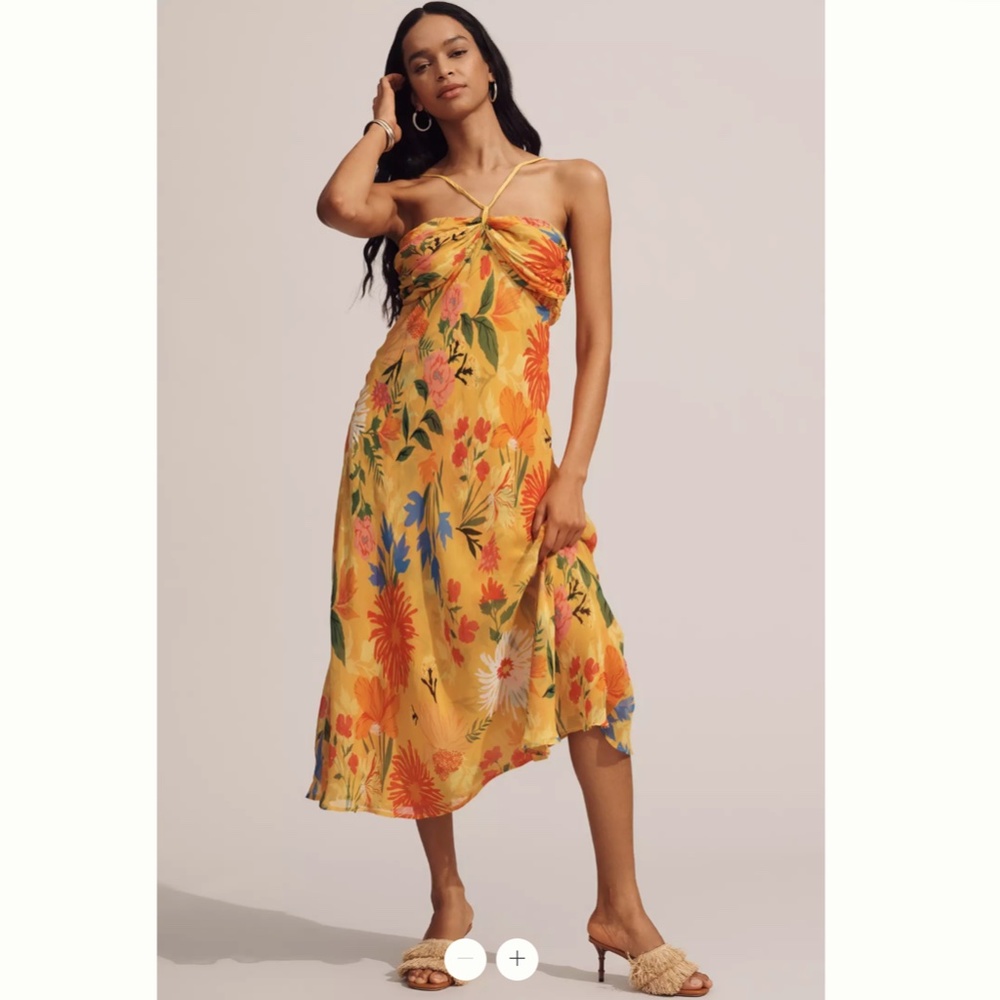Yellow Floral Halter Midi Dress